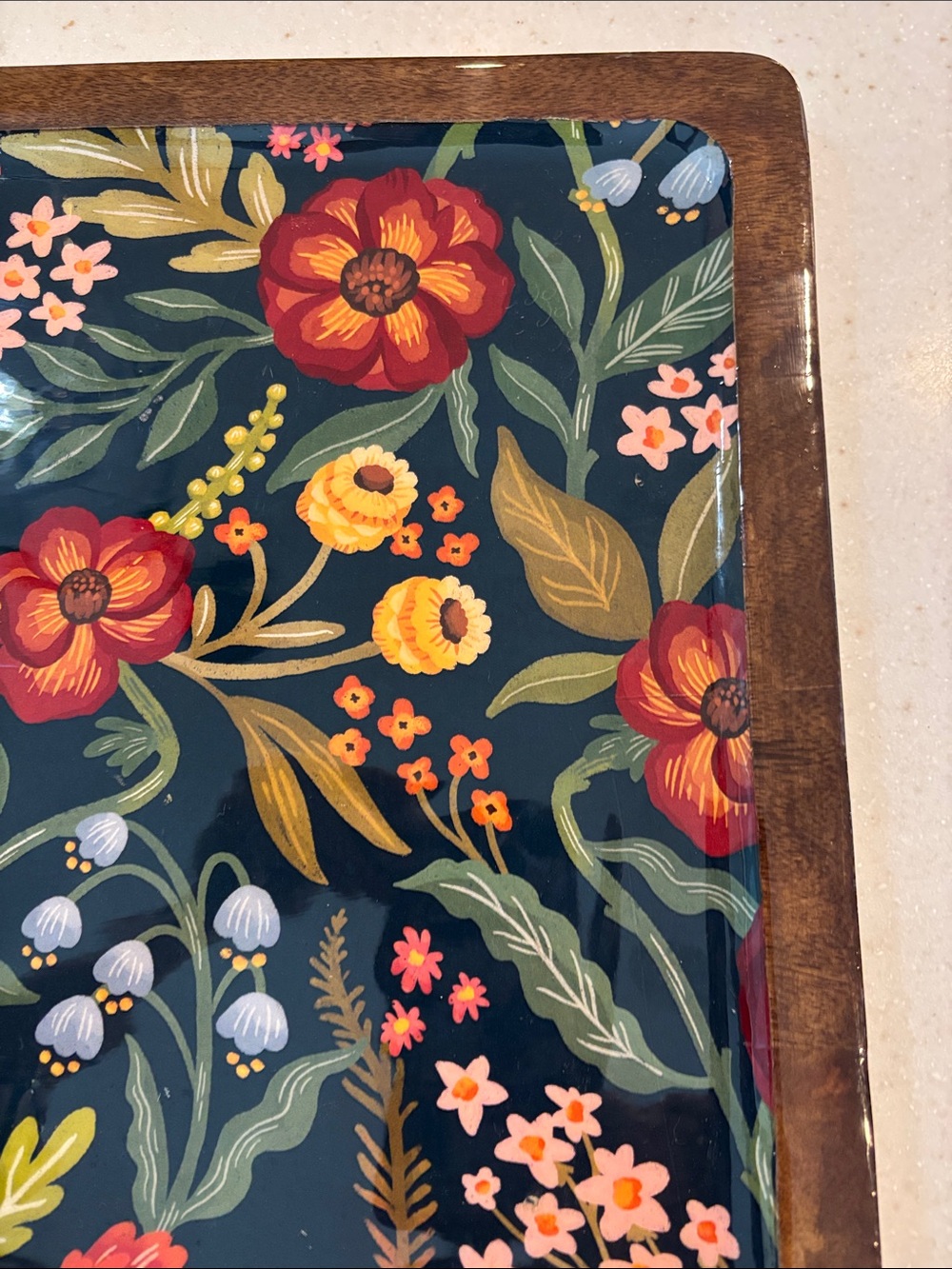 Wooden Floral Serving Tray with Dark Navy Floral Pattern - Picture 7 of 12